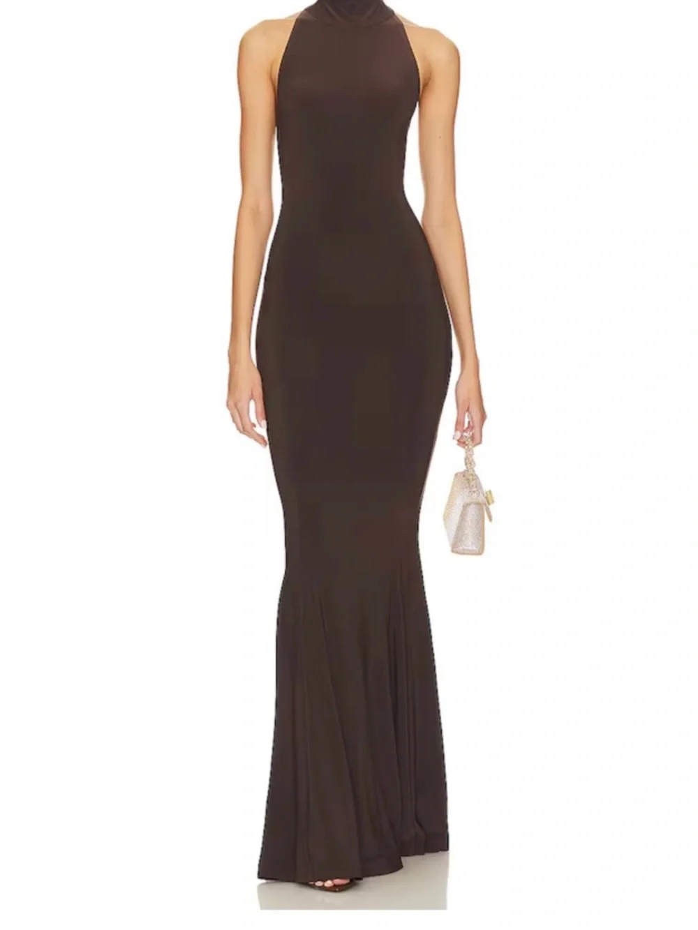 Halter Turtle Fishtail Gown in Chocolate - Picture 2 of 3